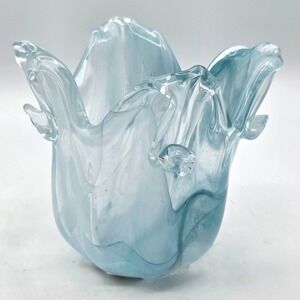 Vintage ‎ Murano Style Ruffled Edge Hand Blown Glass Vase Aqua Blue